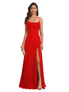 A-Line/Princess Spaghetti Straps Sleeveless Floor Length Bridesmaid Dresses Satin With Split Slide — view 29