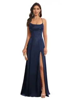 A-Line/Princess Spaghetti Straps Sleeveless Floor Length Bridesmaid Dresses Satin With Split Slide — view 30