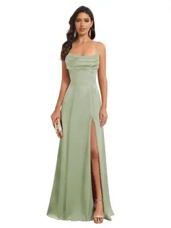 A-Line/Princess Spaghetti Straps Sleeveless Floor Length Bridesmaid Dresses Satin With Split Slide — view 34