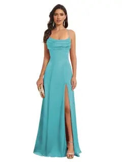 A-Line/Princess Spaghetti Straps Sleeveless Floor Length Bridesmaid Dresses Satin With Split Slide — view 36