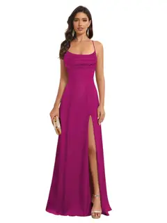 A-Line/Princess Spaghetti Straps Sleeveless Floor Length Bridesmaid Dresses Satin With Split Slide — view 37