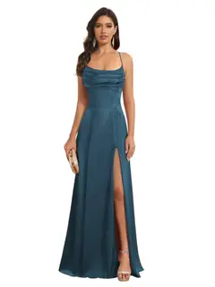 A-Line/Princess Spaghetti Straps Sleeveless Floor Length Bridesmaid Dresses Satin With Split Slide — view 39