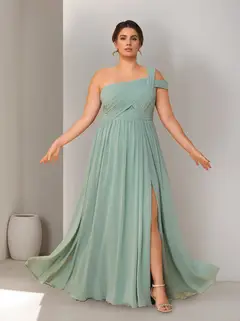 A-Line/Princess One-Shoulder Sleeveless Floor-Length Plus Size Bridesmaid Dresses with Split Side & Ruched — view 3
