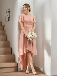 A-Line/Princess V-Neck Short Sleeves Asymmetrical Chiffon Bridesmaid Dresses with Ruched — view 1