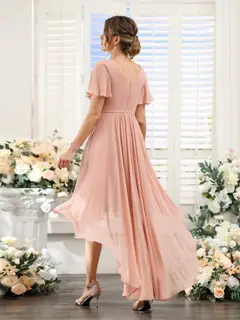 A-Line/Princess V-Neck Short Sleeves Asymmetrical Chiffon Bridesmaid Dresses with Ruched — view 2