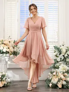 A-Line/Princess V-Neck Short Sleeves Asymmetrical Chiffon Bridesmaid Dresses with Ruched — view 4