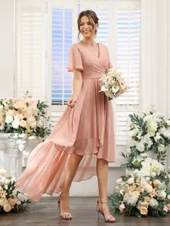 A-Line/Princess V-Neck Short Sleeves Asymmetrical Chiffon Bridesmaid Dresses with Ruched — view 5