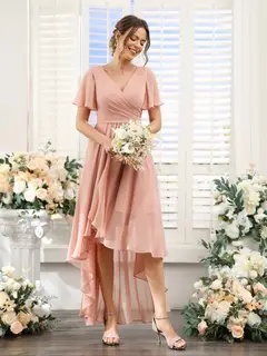 A-Line/Princess V-Neck Short Sleeves Asymmetrical Chiffon Bridesmaid Dresses with Ruched — view 6
