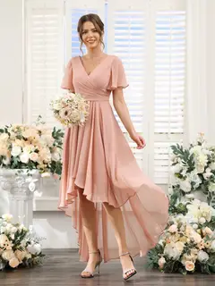 A-Line/Princess V-Neck Short Sleeves Asymmetrical Chiffon Bridesmaid Dresses with Ruched — view 7