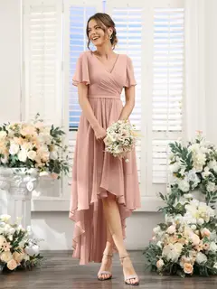 A-Line/Princess V-Neck Short Sleeves Asymmetrical Chiffon Bridesmaid Dresses with Ruched — view 8