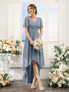 A-Line/Princess V-Neck Short Sleeves Asymmetrical Chiffon Bridesmaid Dresses with Ruched — view 9