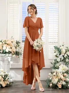 A-Line/Princess V-Neck Short Sleeves Asymmetrical Chiffon Bridesmaid Dresses with Ruched — view 10