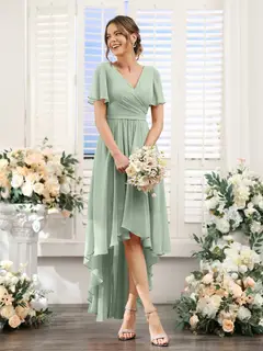 A-Line/Princess V-Neck Short Sleeves Asymmetrical Chiffon Bridesmaid Dresses with Ruched — view 11