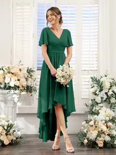A-Line/Princess V-Neck Short Sleeves Asymmetrical Chiffon Bridesmaid Dresses with Ruched — view 12