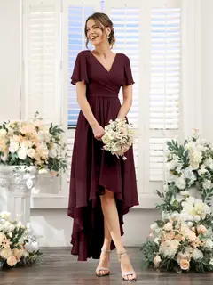 A-Line/Princess V-Neck Short Sleeves Asymmetrical Chiffon Bridesmaid Dresses with Ruched — view 13