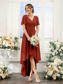 A-Line/Princess V-Neck Short Sleeves Asymmetrical Chiffon Bridesmaid Dresses with Ruched — view 14