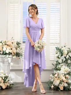 A-Line/Princess V-Neck Short Sleeves Asymmetrical Chiffon Bridesmaid Dresses with Ruched — view 15