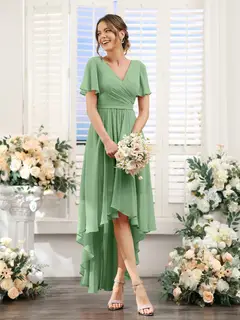 A-Line/Princess V-Neck Short Sleeves Asymmetrical Chiffon Bridesmaid Dresses with Ruched — view 17