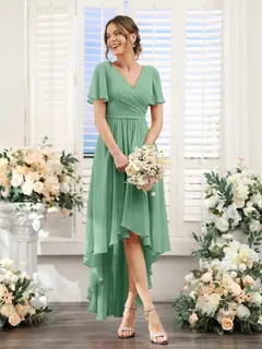 A-Line/Princess V-Neck Short Sleeves Asymmetrical Chiffon Bridesmaid Dresses with Ruched — view 18