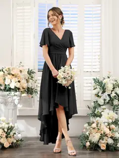A-Line/Princess V-Neck Short Sleeves Asymmetrical Chiffon Bridesmaid Dresses with Ruched — view 19