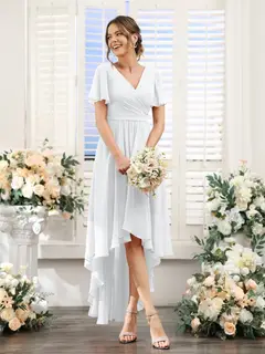 A-Line/Princess V-Neck Short Sleeves Asymmetrical Chiffon Bridesmaid Dresses with Ruched — view 20