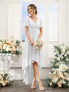 A-Line/Princess V-Neck Short Sleeves Asymmetrical Chiffon Bridesmaid Dresses with Ruched — view 21