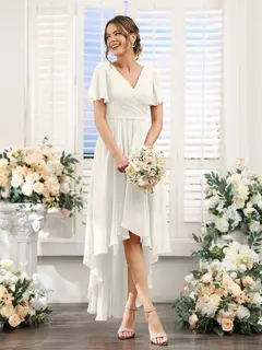 A-Line/Princess V-Neck Short Sleeves Asymmetrical Chiffon Bridesmaid Dresses with Ruched — view 22