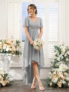 A-Line/Princess V-Neck Short Sleeves Asymmetrical Chiffon Bridesmaid Dresses with Ruched — view 23