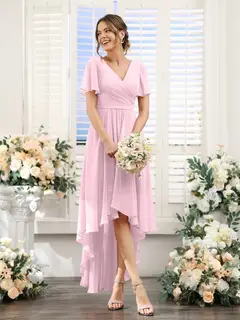 A-Line/Princess V-Neck Short Sleeves Asymmetrical Chiffon Bridesmaid Dresses with Ruched — view 26