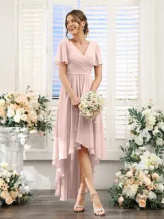 A-Line/Princess V-Neck Short Sleeves Asymmetrical Chiffon Bridesmaid Dresses with Ruched — view 27