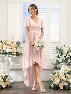 A-Line/Princess V-Neck Short Sleeves Asymmetrical Chiffon Bridesmaid Dresses with Ruched — view 28