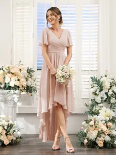 A-Line/Princess V-Neck Short Sleeves Asymmetrical Chiffon Bridesmaid Dresses with Ruched — view 29