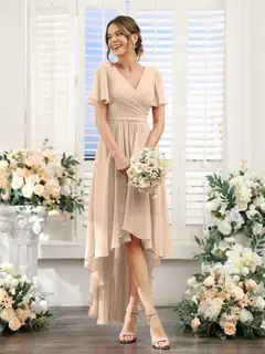 A-Line/Princess V-Neck Short Sleeves Asymmetrical Chiffon Bridesmaid Dresses with Ruched — view 30