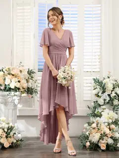 A-Line/Princess V-Neck Short Sleeves Asymmetrical Chiffon Bridesmaid Dresses with Ruched — view 32