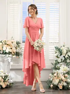A-Line/Princess V-Neck Short Sleeves Asymmetrical Chiffon Bridesmaid Dresses with Ruched — view 33