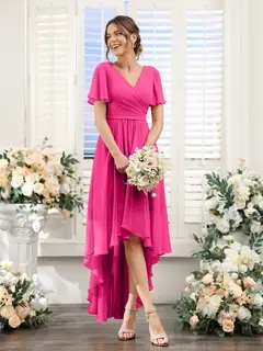 A-Line/Princess V-Neck Short Sleeves Asymmetrical Chiffon Bridesmaid Dresses with Ruched — view 34