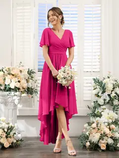 A-Line/Princess V-Neck Short Sleeves Asymmetrical Chiffon Bridesmaid Dresses with Ruched — view 35