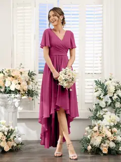 A-Line/Princess V-Neck Short Sleeves Asymmetrical Chiffon Bridesmaid Dresses with Ruched — view 36