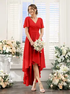 A-Line/Princess V-Neck Short Sleeves Asymmetrical Chiffon Bridesmaid Dresses with Ruched — view 37