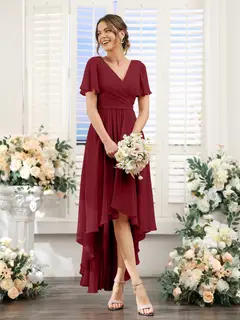 A-Line/Princess V-Neck Short Sleeves Asymmetrical Chiffon Bridesmaid Dresses with Ruched — view 38