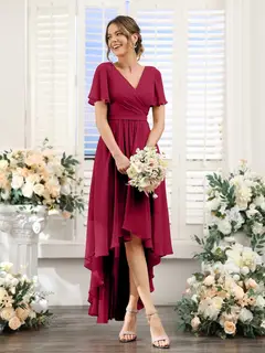 A-Line/Princess V-Neck Short Sleeves Asymmetrical Chiffon Bridesmaid Dresses with Ruched — view 39