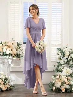 A-Line/Princess V-Neck Short Sleeves Asymmetrical Chiffon Bridesmaid Dresses with Ruched — view 40