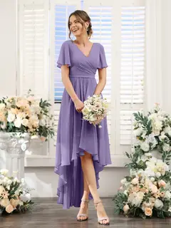 A-Line/Princess V-Neck Short Sleeves Asymmetrical Chiffon Bridesmaid Dresses with Ruched — view 42