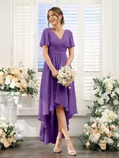 A-Line/Princess V-Neck Short Sleeves Asymmetrical Chiffon Bridesmaid Dresses with Ruched — view 43