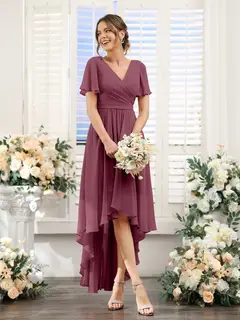 A-Line/Princess V-Neck Short Sleeves Asymmetrical Chiffon Bridesmaid Dresses with Ruched — view 44