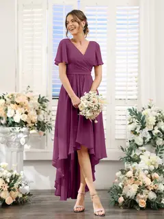 A-Line/Princess V-Neck Short Sleeves Asymmetrical Chiffon Bridesmaid Dresses with Ruched — view 45