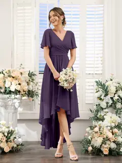 A-Line/Princess V-Neck Short Sleeves Asymmetrical Chiffon Bridesmaid Dresses with Ruched — view 46