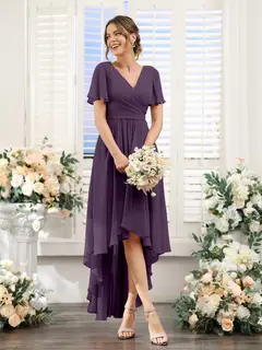 A-Line/Princess V-Neck Short Sleeves Asymmetrical Chiffon Bridesmaid Dresses with Ruched — view 47
