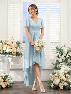 A-Line/Princess V-Neck Short Sleeves Asymmetrical Chiffon Bridesmaid Dresses with Ruched — view 48
