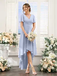 A-Line/Princess V-Neck Short Sleeves Asymmetrical Chiffon Bridesmaid Dresses with Ruched — view 49